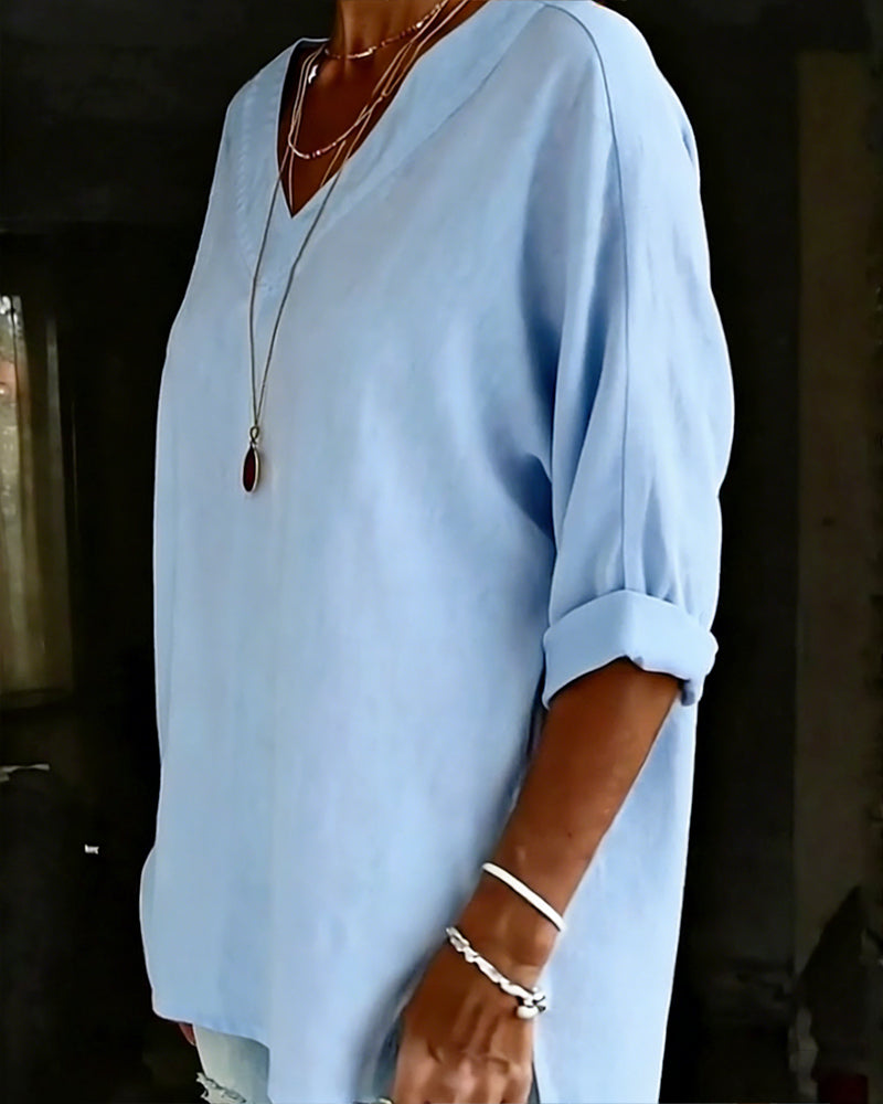 100% Cotton V-Neck Three-Quarter Sleeve Slit Top