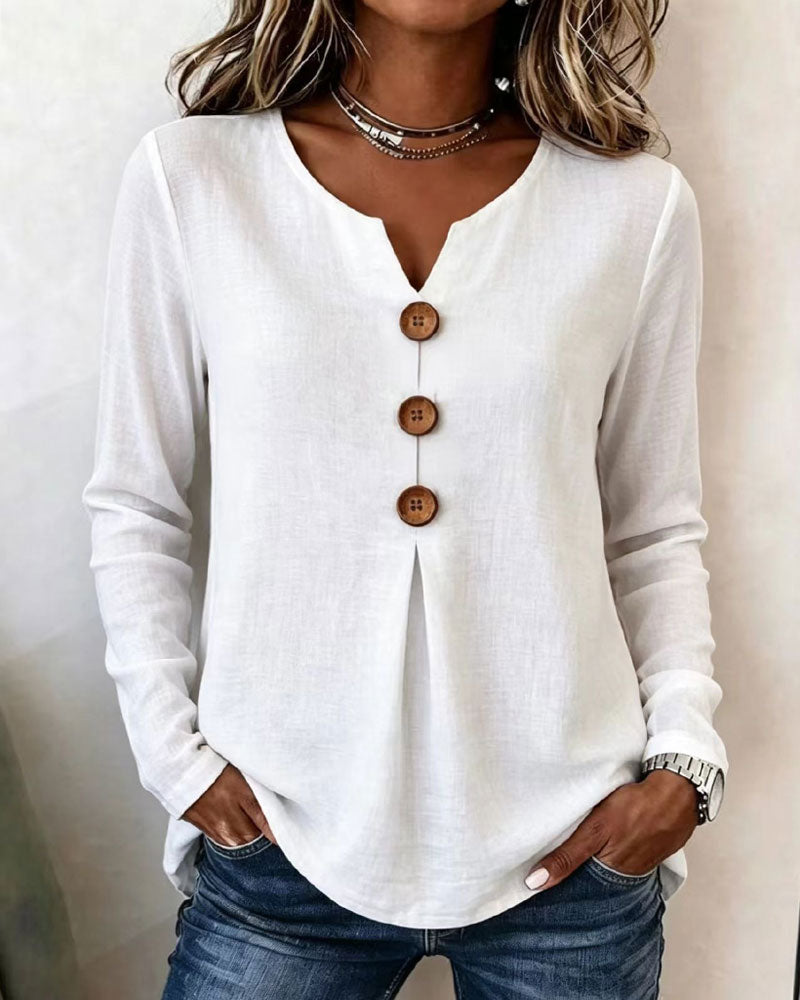 Solid Color V-Neck Buttoned Smocked Top
