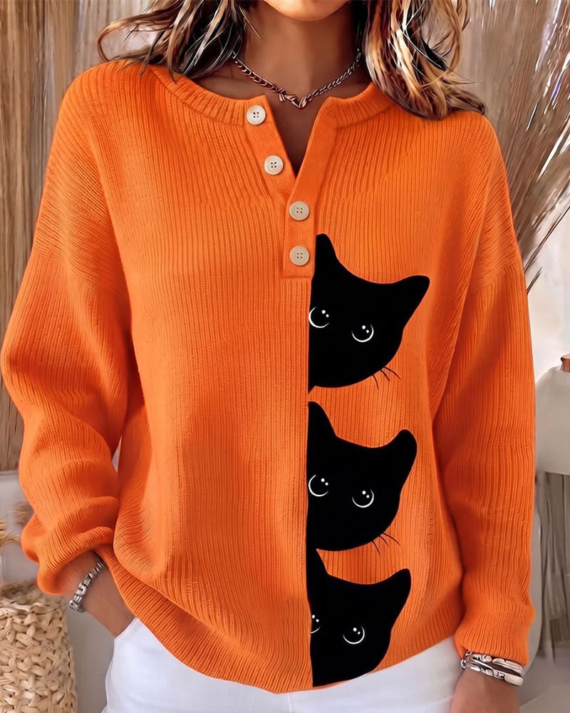 Button Front Stripe Cat Contrast Knit Pullover