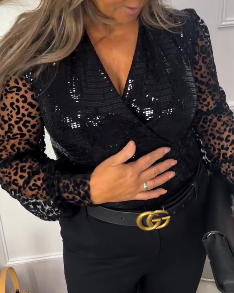 V-Neck Leopard Print Mesh Sequined Patchwork Top