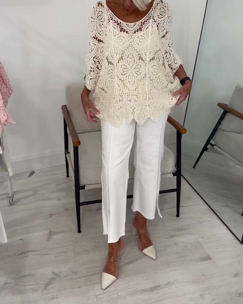 Three-Quarter Sleeve Cutout Pullover