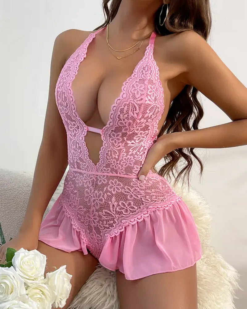 Women's Bodysuit Lace Floral Teddy Shapewear V-neck