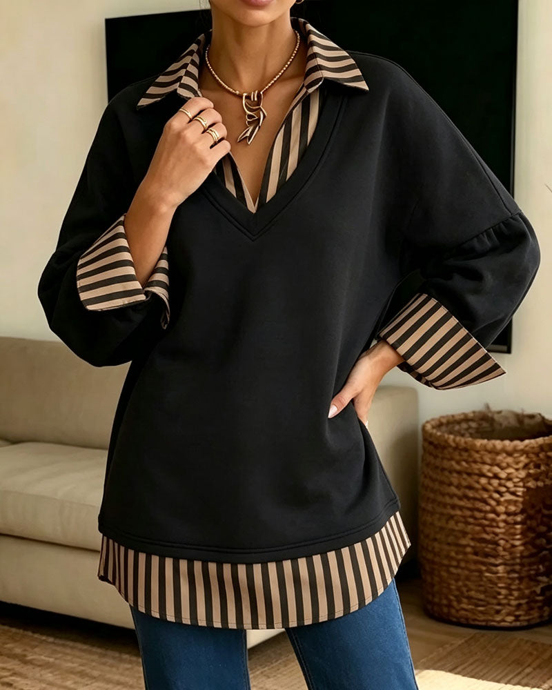 Lapel Striped Patchwork Loose Sweatshirt