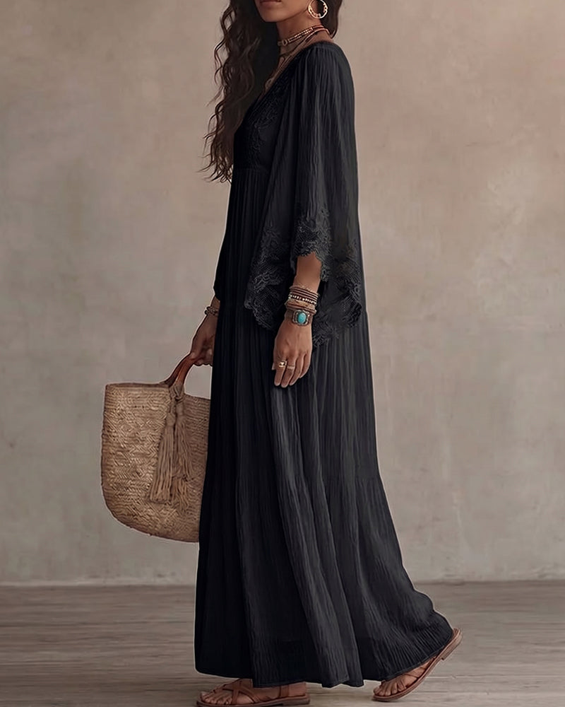 V-Neck Lace Patchwork Solid Color Dress