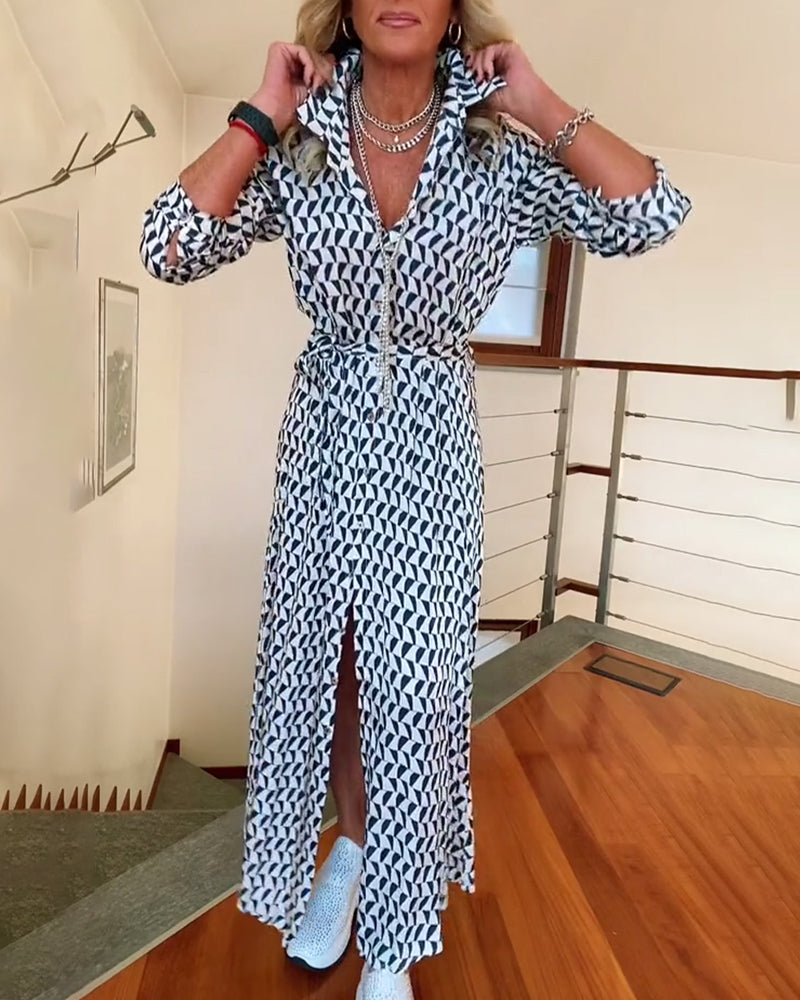 Geometric print lapel slit dress