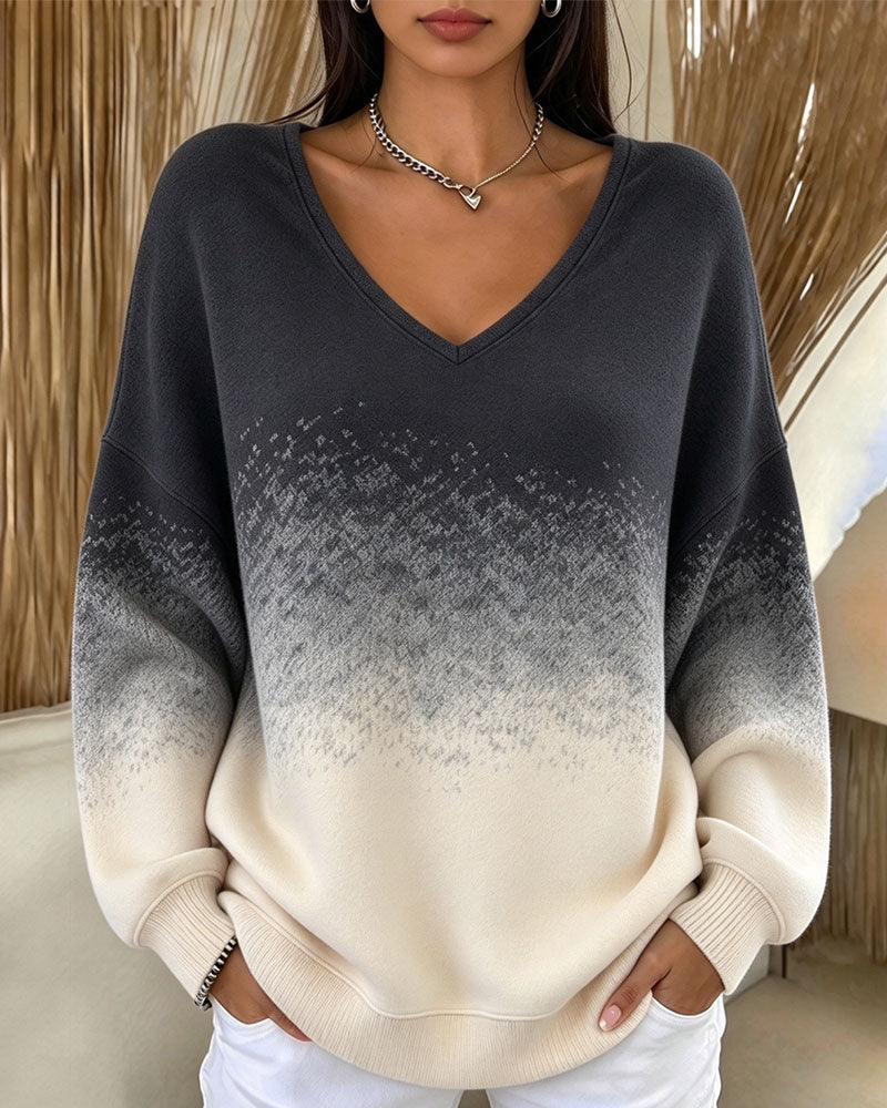 V-Neck Gradient Contrasting Loose Sweatshirt