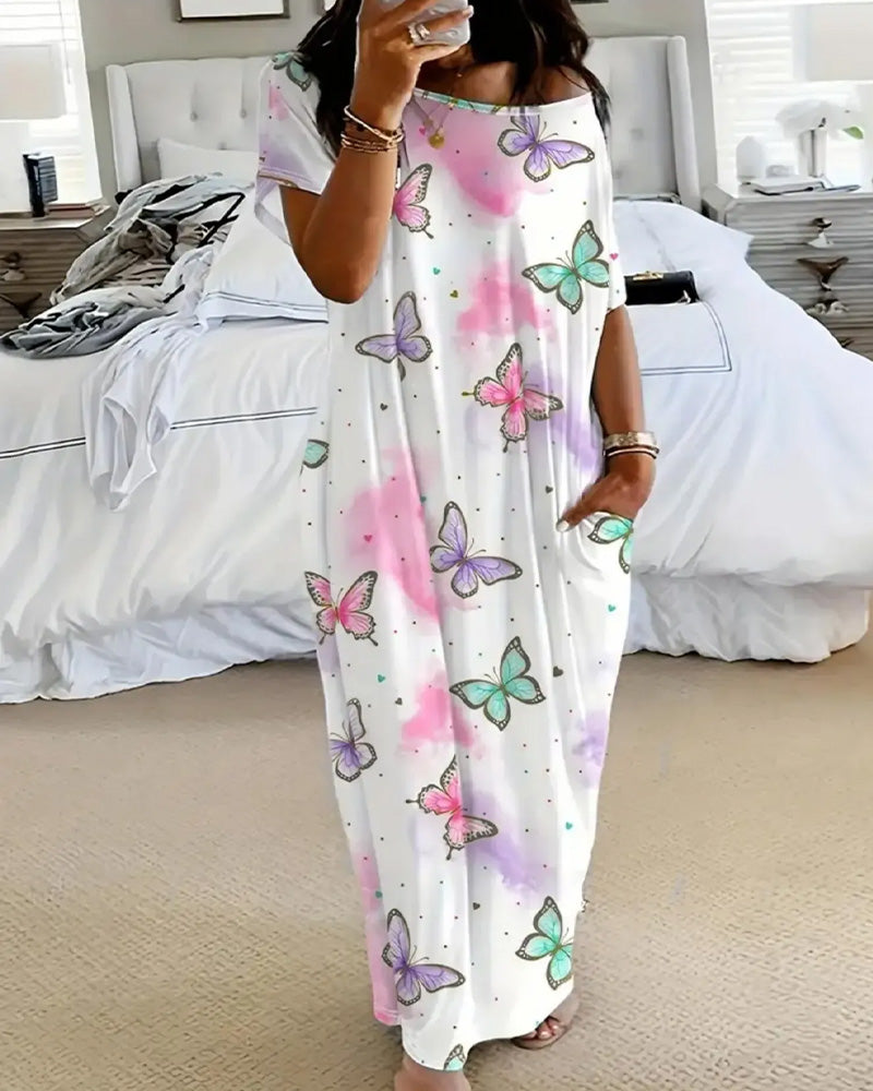Off-Shoulder Floral Pocket Full-Skirt Dress