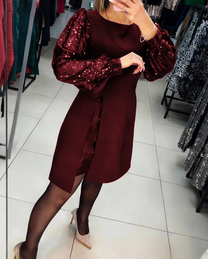 Puff-Sleeved Elegant Patchwork Dress