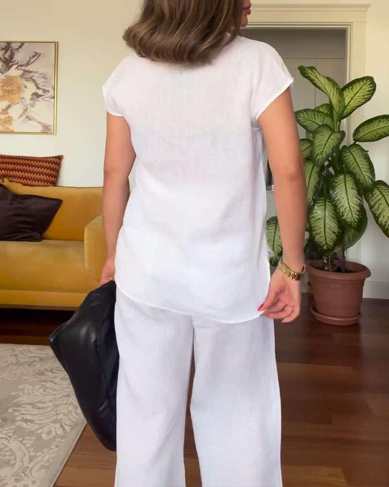 Cotton And Linen Solid Color Casual Trousers Suit