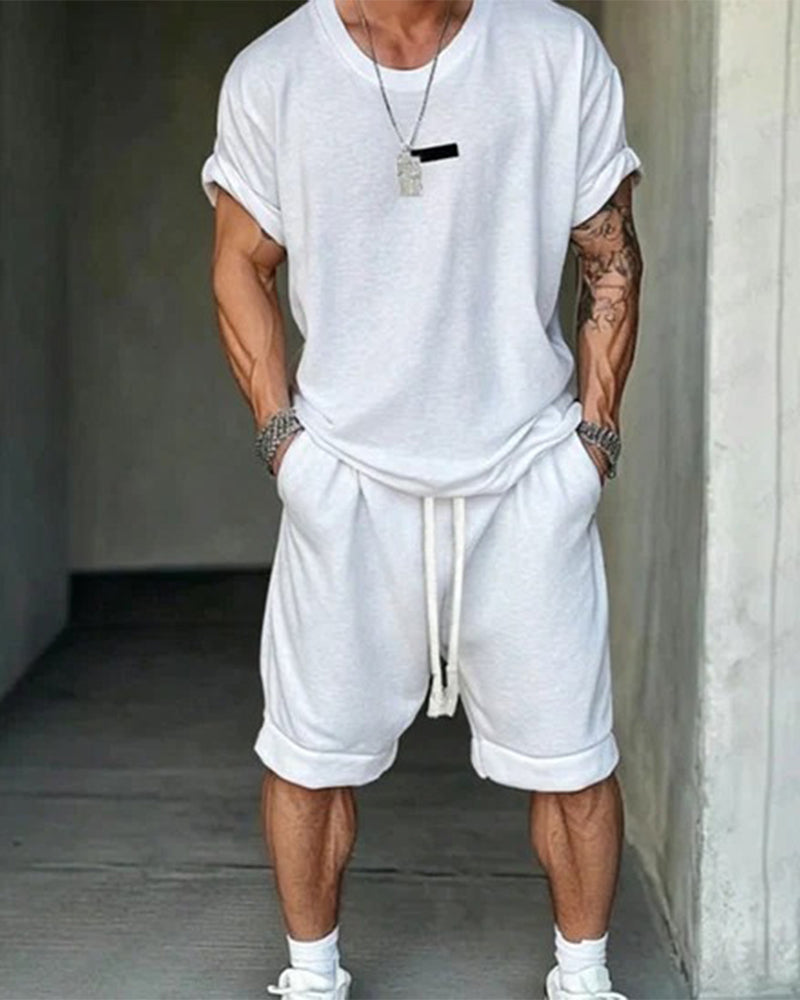 Casual Short Sleeve Drawstring Shorts Two-Piece Set