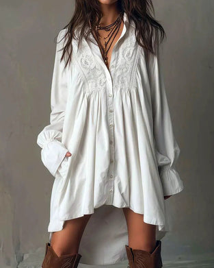 Lace-Paneled Lantern-Sleeve Dress