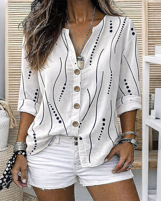 Small V-Neck Print Long Sleeve Blouse