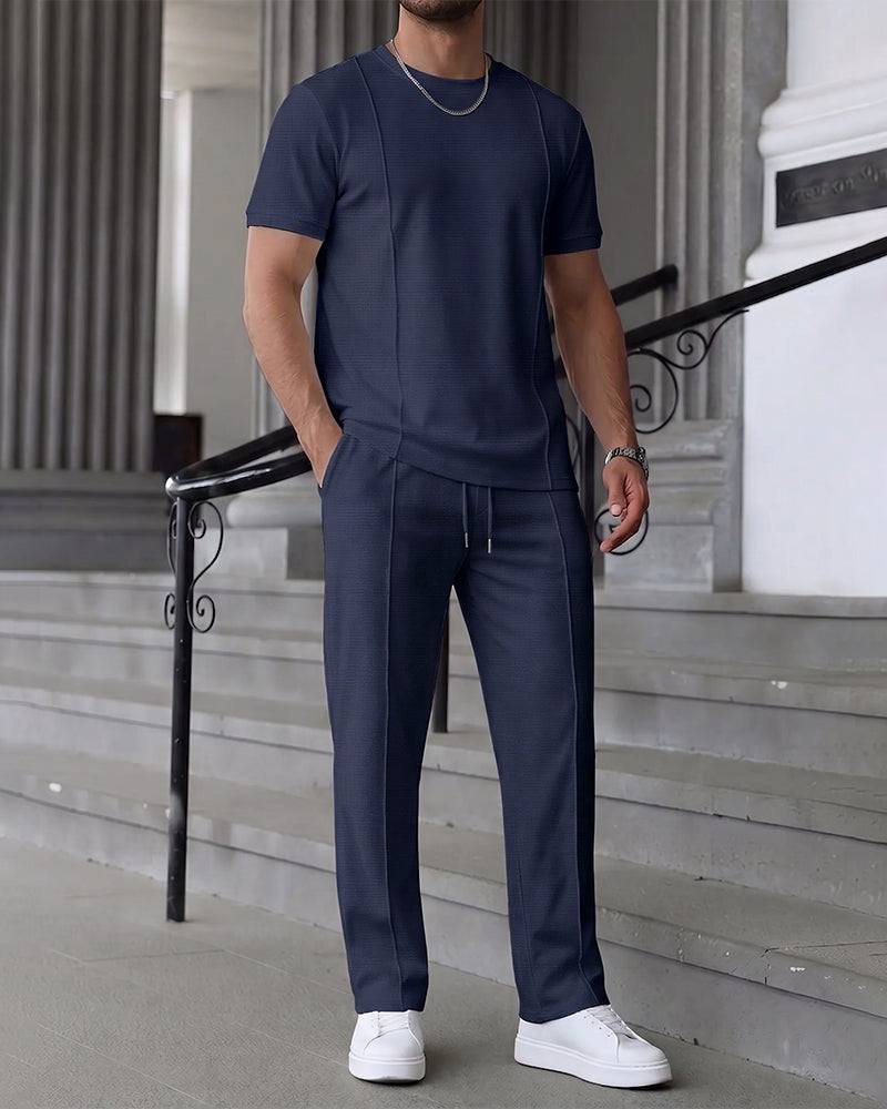 Crewneck Solid Color Drawstring Men's Set