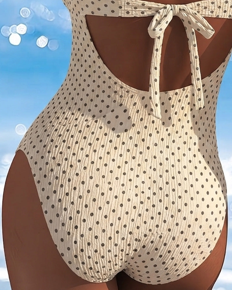 Polka Dot Tie Mesh Patchwork One-Piece