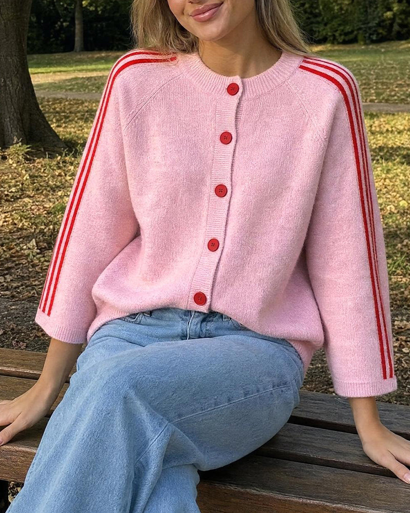 Striped 3/4 Sleeve Button Cardigan