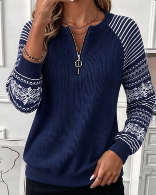 Crew Neck Zip Striped Raglan Sweatshirt