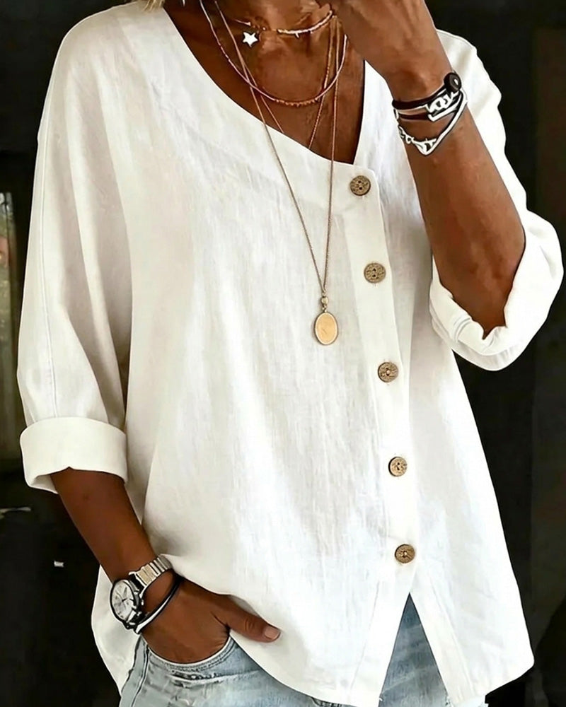 Asymmetrical Placket Solid Color Button-Front Shirt