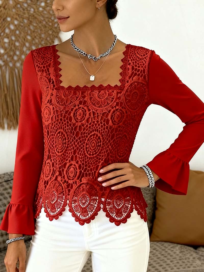 Crocheted Wide-Neck Patchwork Blouse