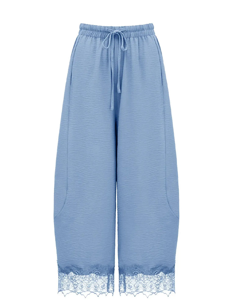 Elastic Waist Lace-Panel Casual Pants
