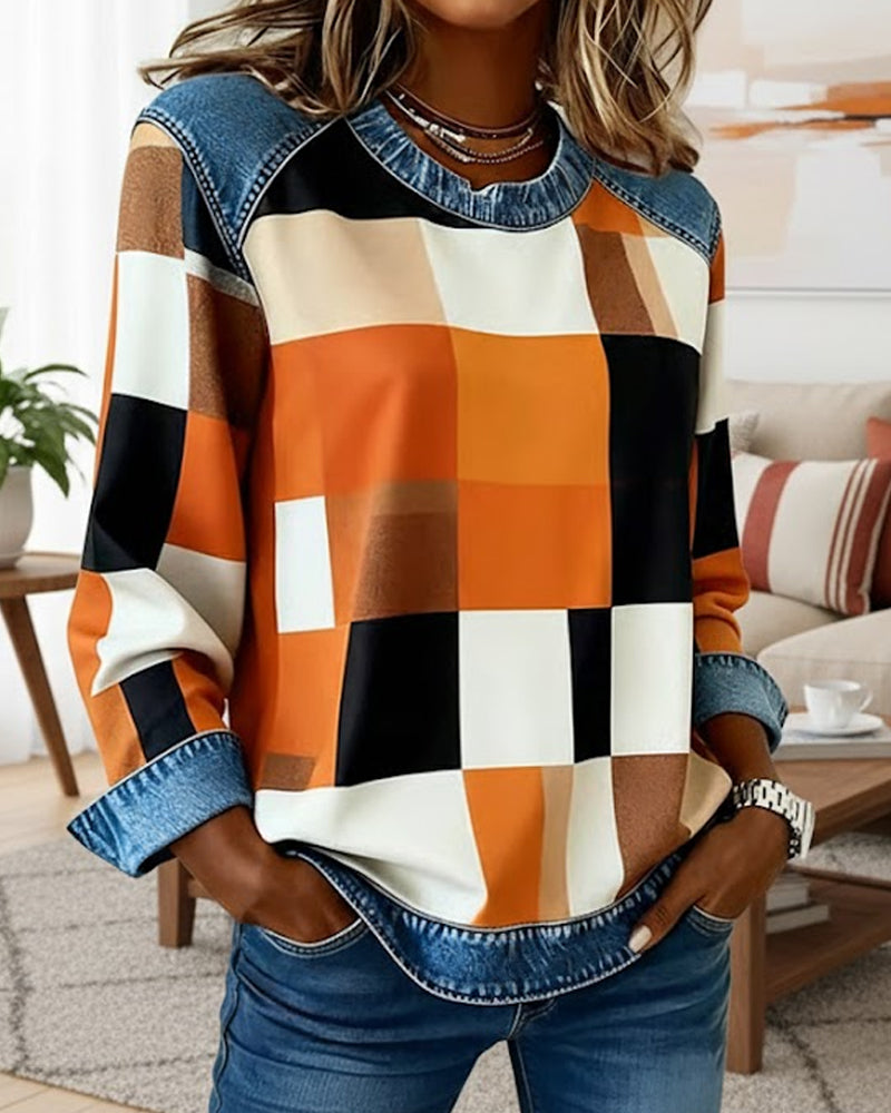 Plaid Patchwork Contrast Color Sweatshirt
