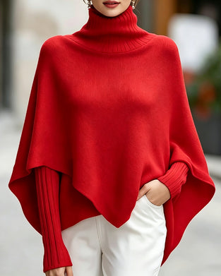 High Neck Asymmetric Poncho Style Pullover