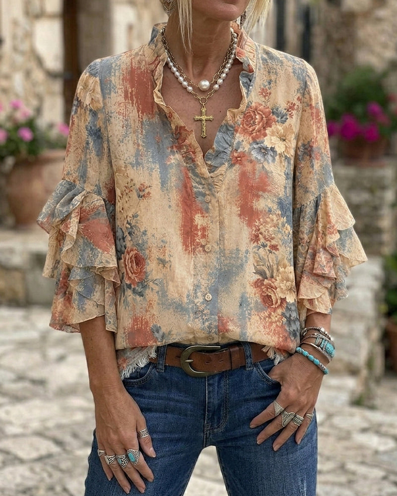 V-Neck Contrast Two-Tier Ruffle Blouse