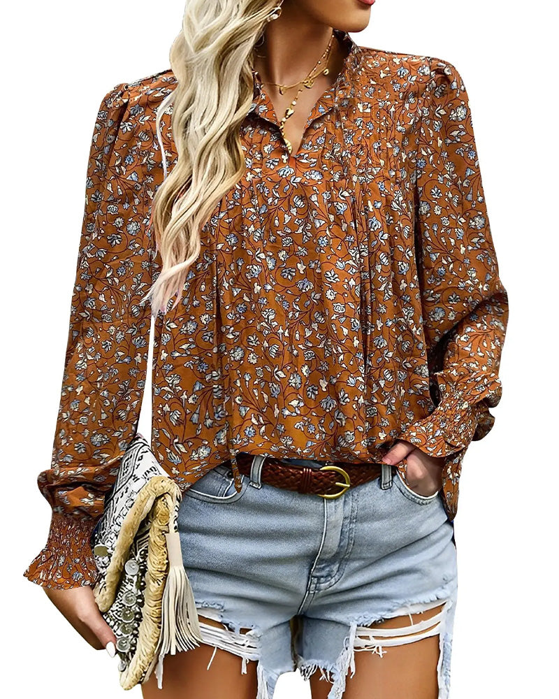 Puff Sleeve Floral Long Sleeve Blouse