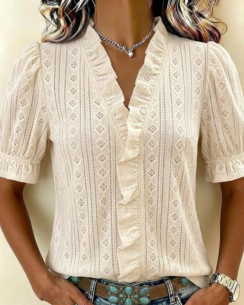 V-Neck Three-Quarter Sleeve Lace T-Shirt