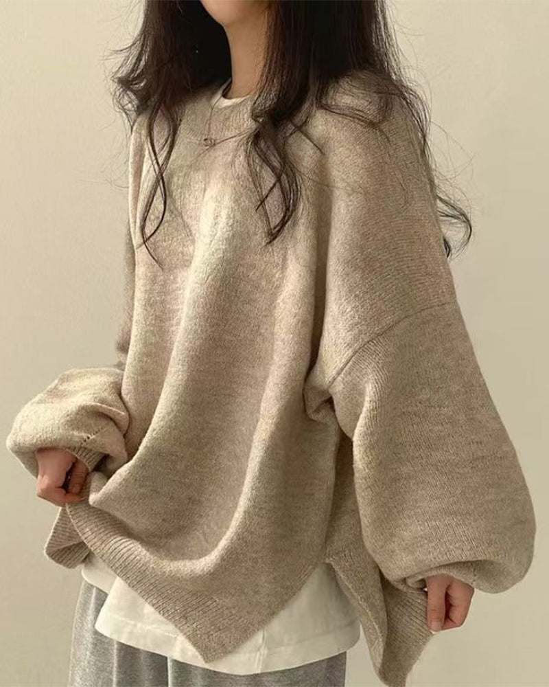 Crew Neck Side Slit Pullover