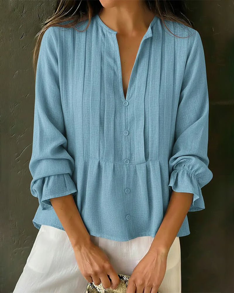 Long-Sleeved V-Neck Casual Blouse