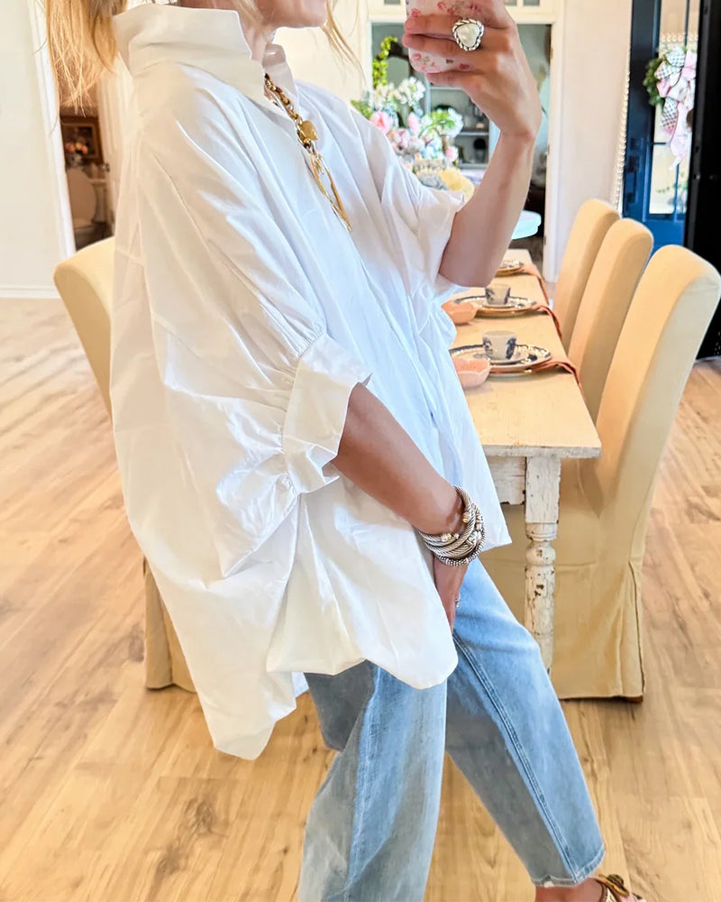 Loose-Fit Drop-Shoulder White Long-Sleeve Blouse