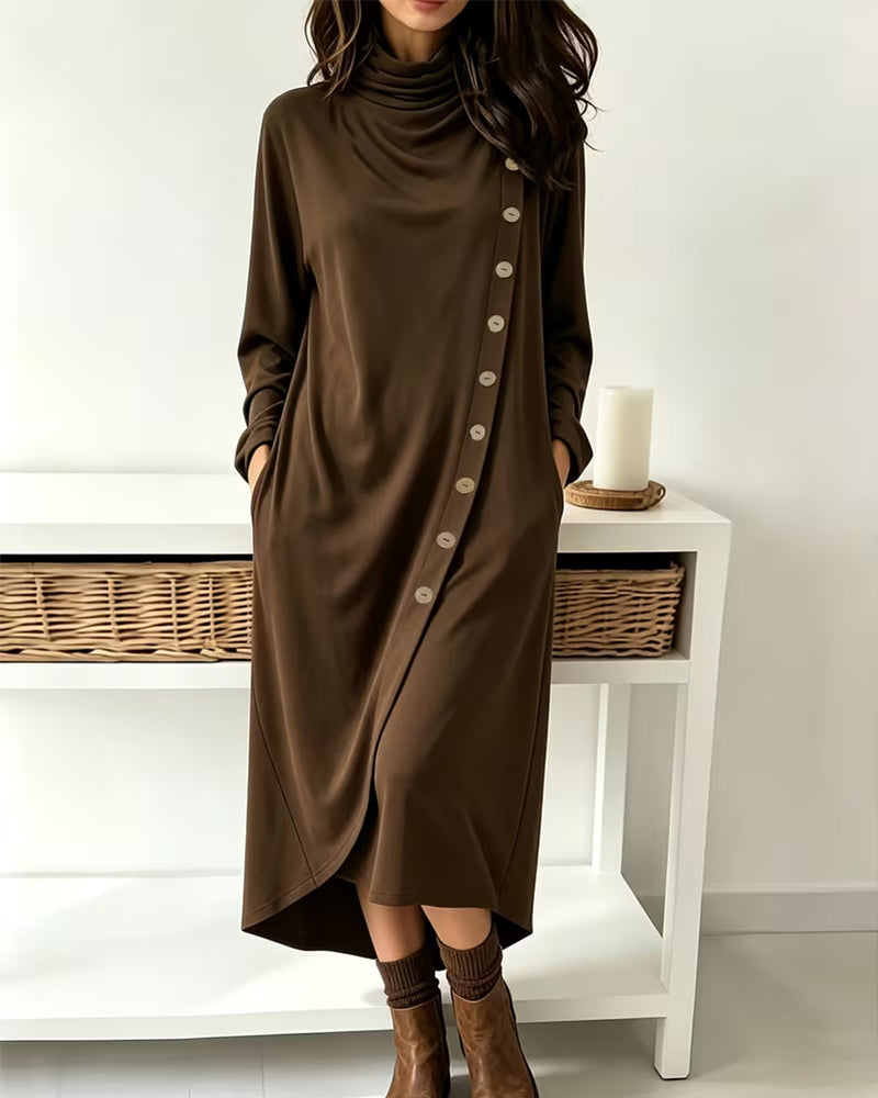 Cowl Neck Button Crossover Irregular Dress