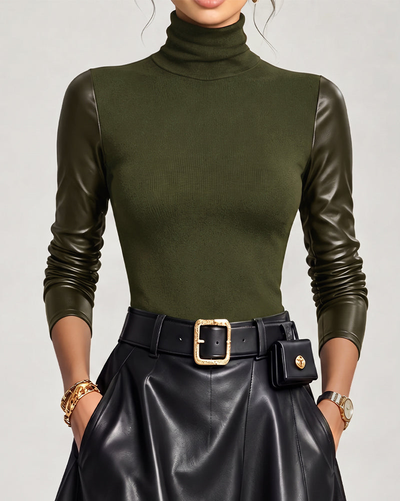 Turtleneck Patchwork Solid Top