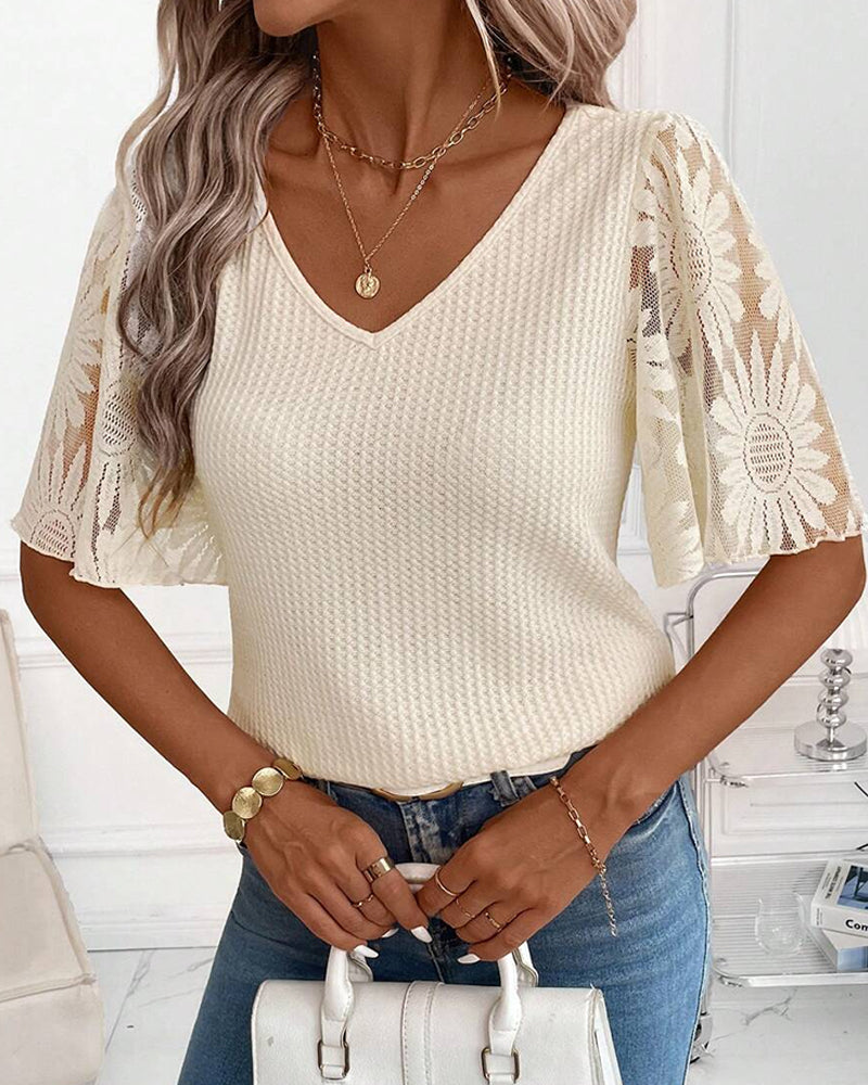 Lace Spliced Sleeve V-Neck Blouse