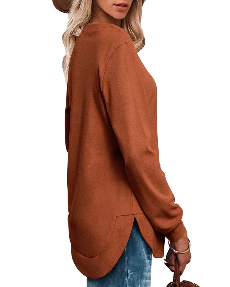Round Neck Curved Hem Solid Sweatshirt