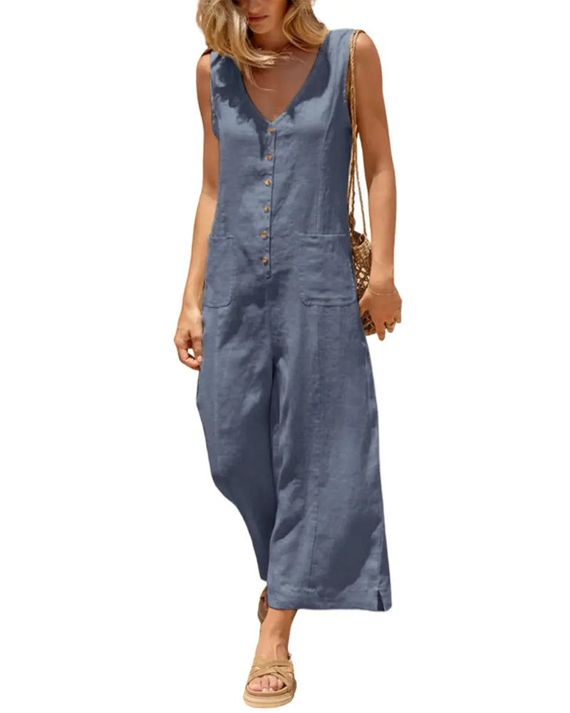 V-Neck Single-Breasted Sleeveless Jumpsuit