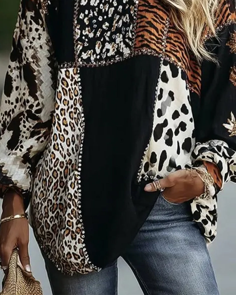 Crew Neck Leopard Tiger Print Contrast Blouse