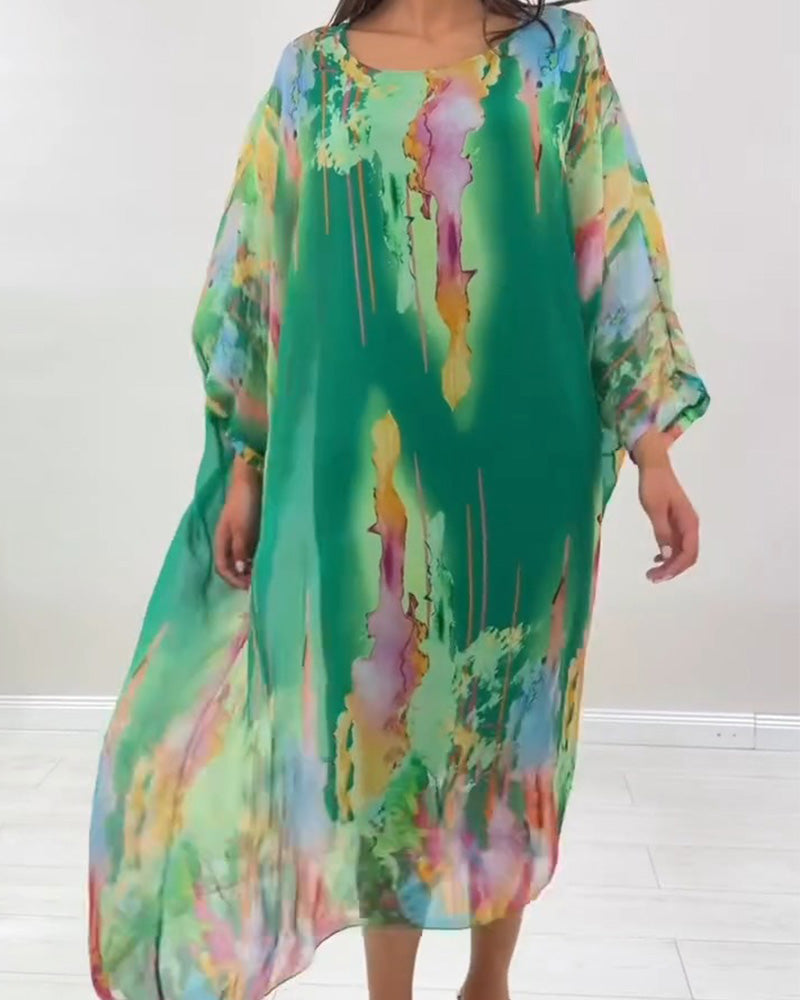 Round Neck Bat Sleeve Smudged Dress