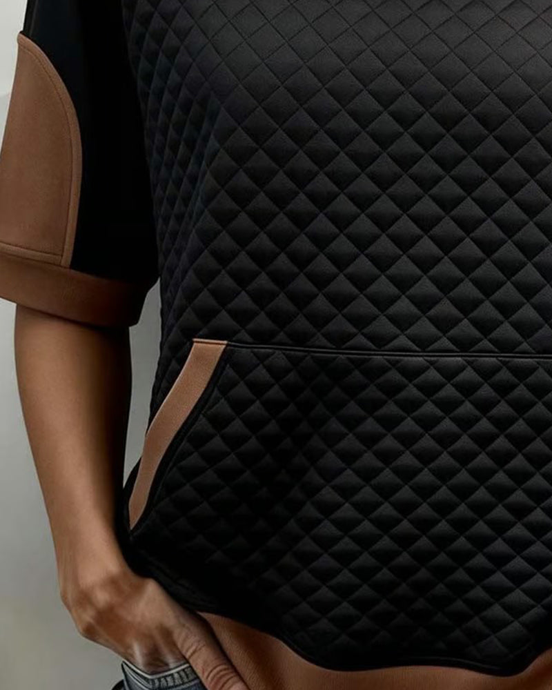 Crew Neck Patchwork Diamond Pattern Blouse