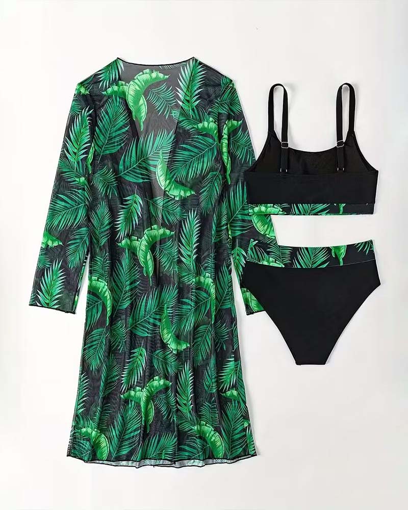 Botanical Print Bikini Three-Piece Set