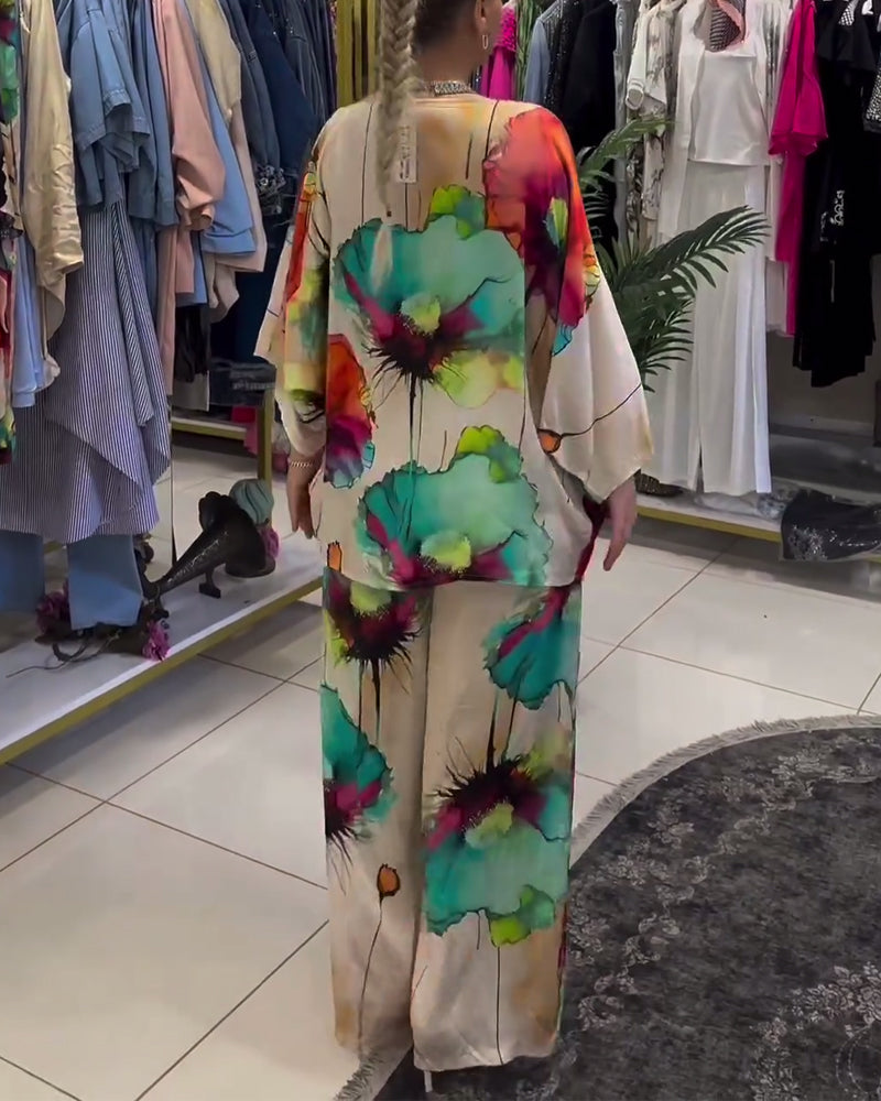 Lotus print one-shoulder three-quarter sleeve set