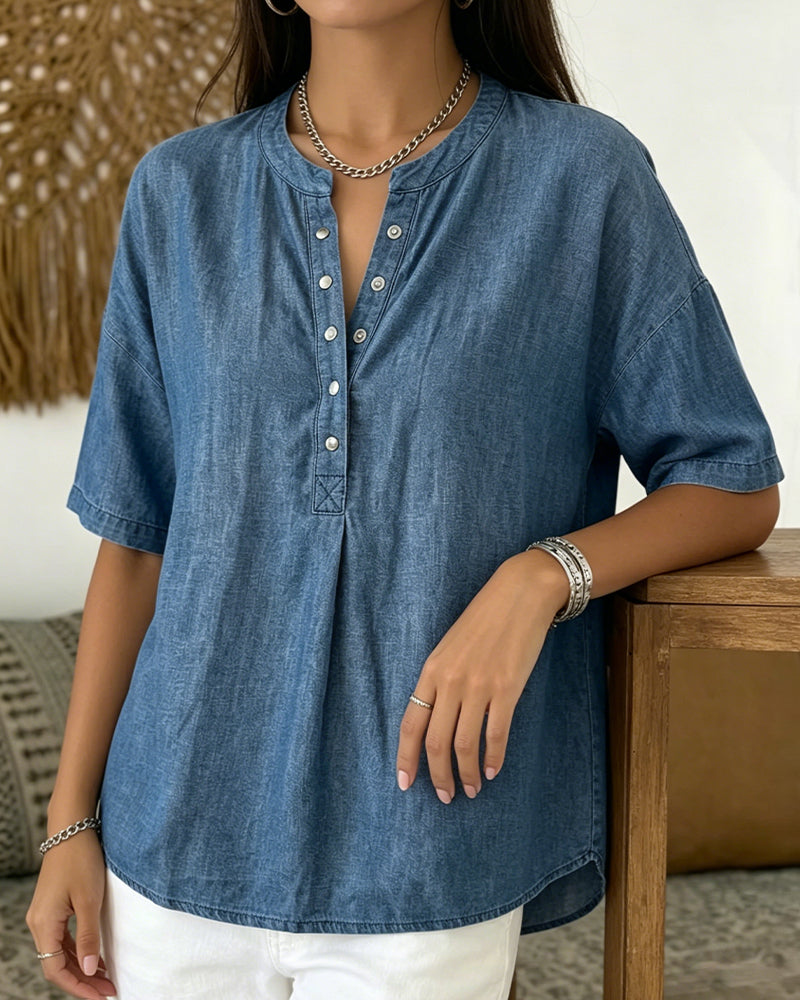 Denim Button-Down Short-Sleeved Shirt