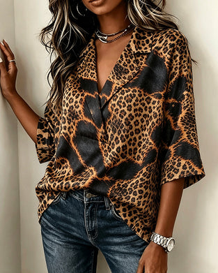 Lapel Cross Leopard Blouse