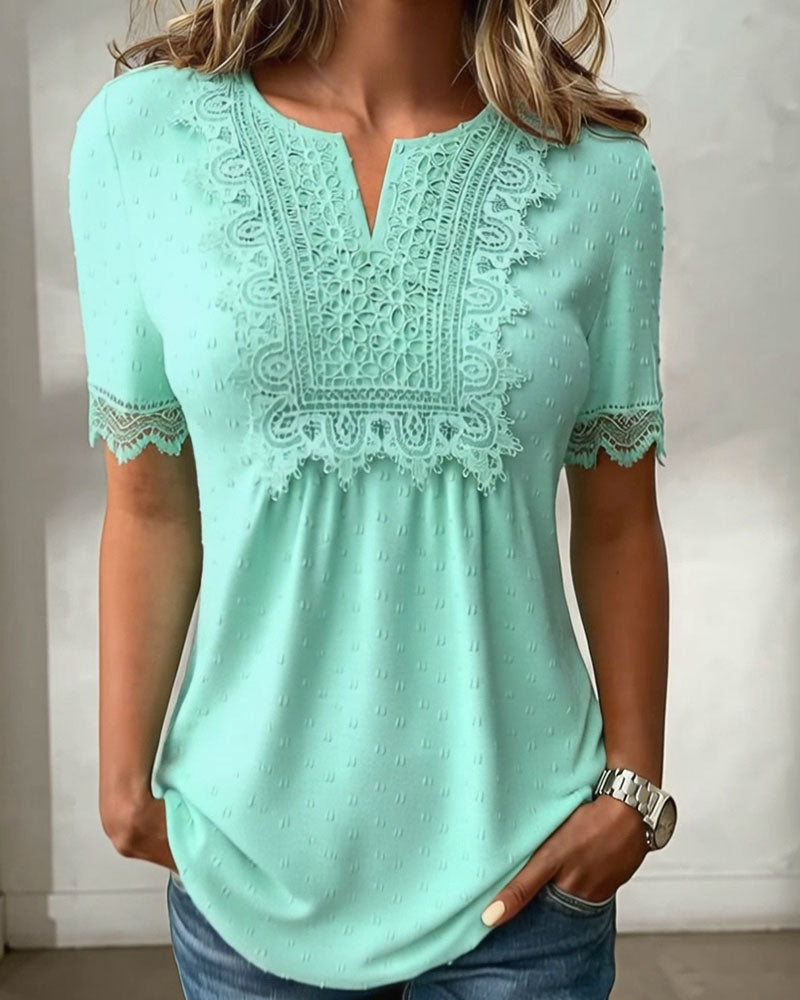 V-Neck Partial Opening Lace Patchwork T-Shirt