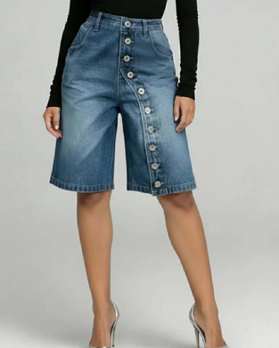 Diagonal Button High-Waisted Denim Shorts