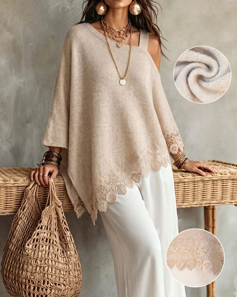 One-Shoulder Lace Hem Patchwork Pullover