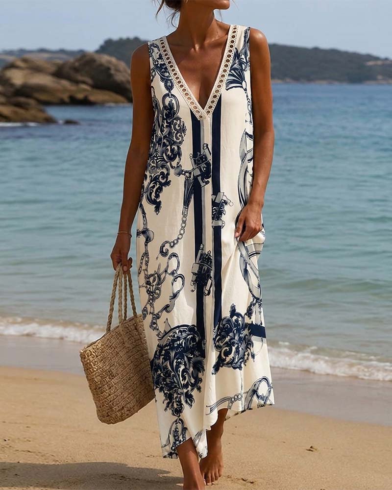 V-Neck Sleeveless Printed Dress