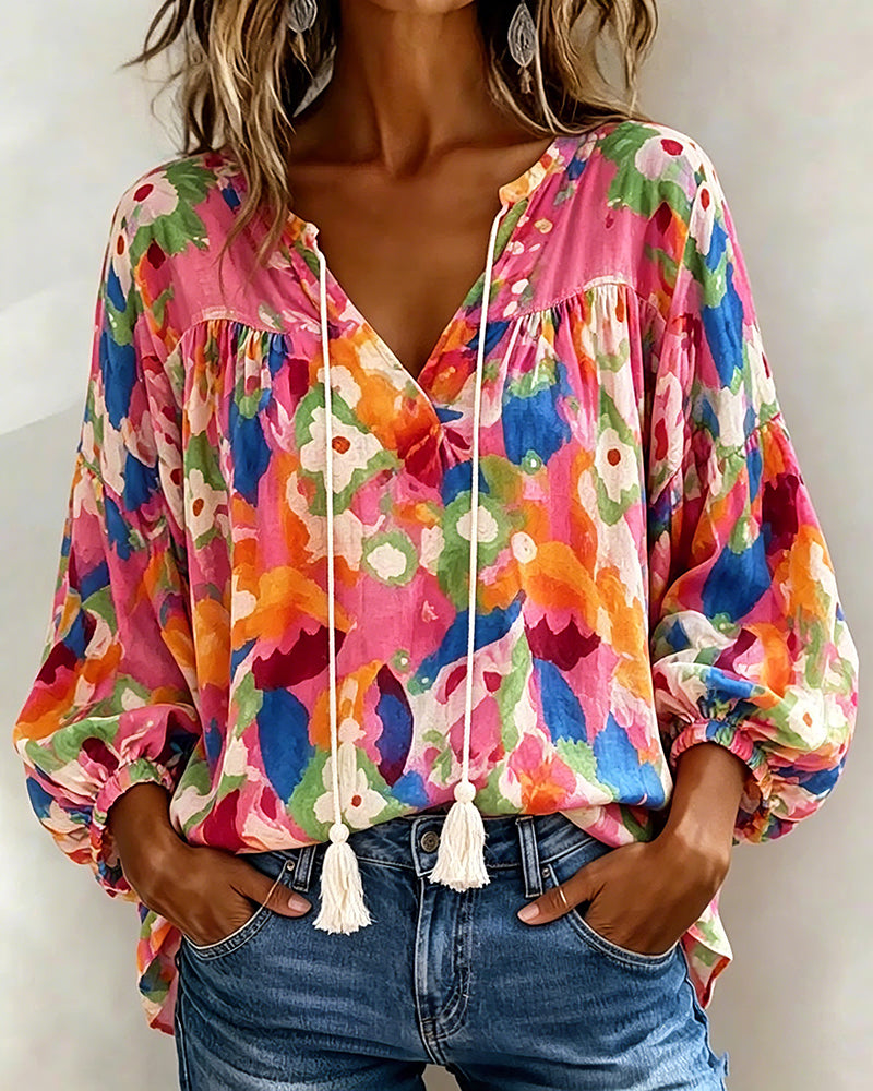 Colorful Printed Lantern Sleeve Fringe Blouse