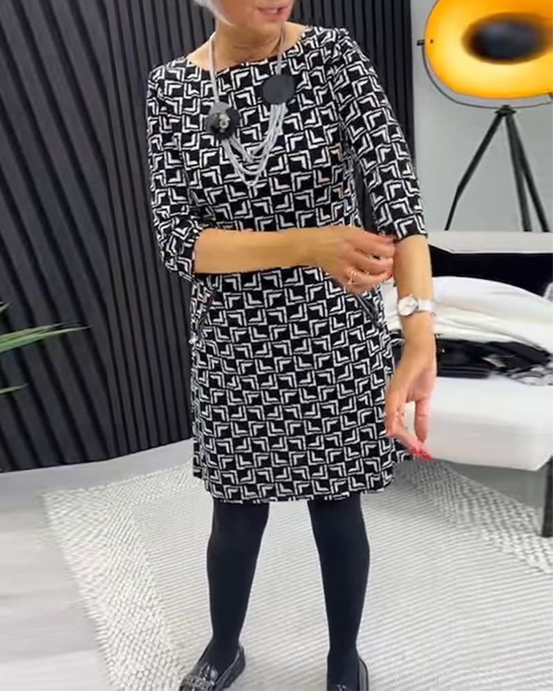 Retro geometric print round neck pocket dress