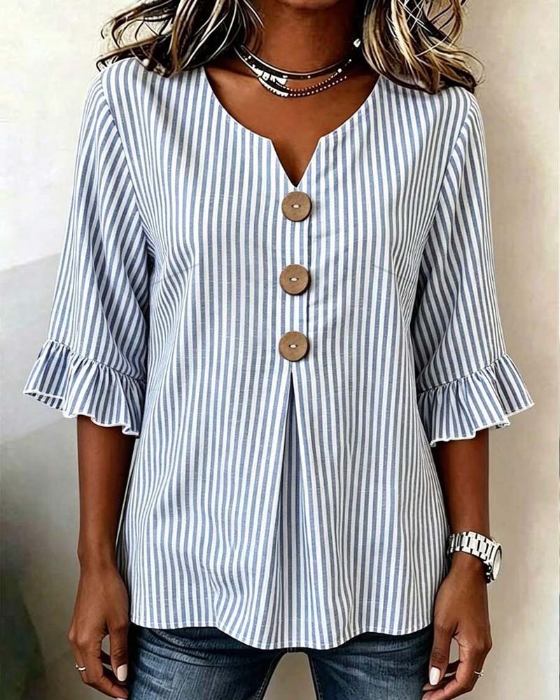 Mini V-Neck Ruffle Stripe Button Blouse